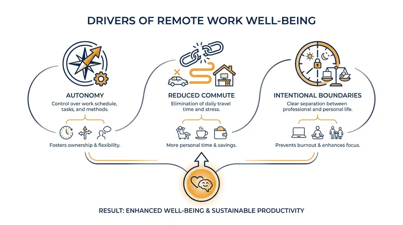 Researchers point to autonomy and the elimination of daily commuting stressors as key drivers of remote well-being.