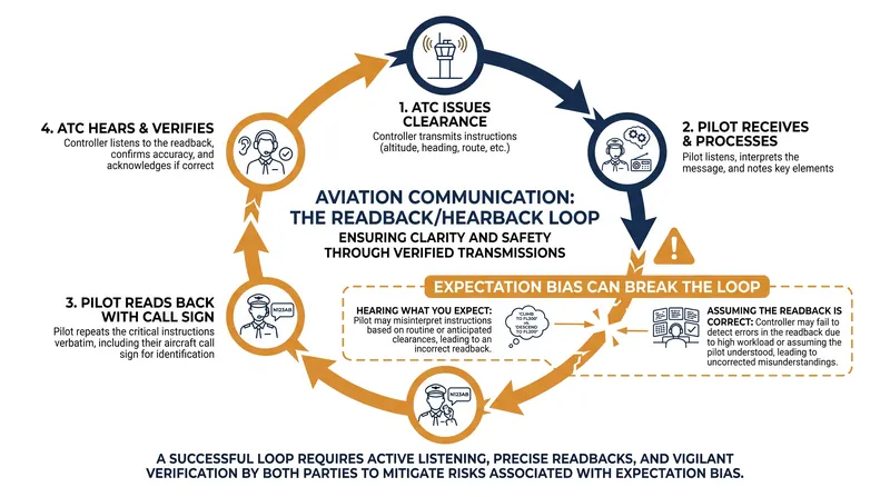 The readback/hearback loop is aviation's primary defense against radio miscommunication.