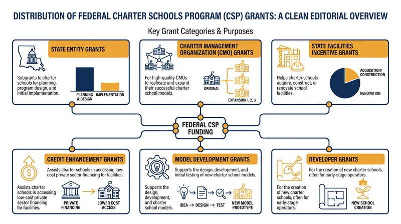 Federal CSP funding is divided across six distinct grant categories to support different phases of school development.