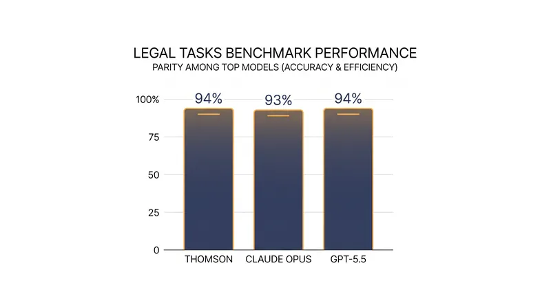 Internal benchmarking suggests the specialized Thomson model performs competitively with leading frontier systems on legal tasks.
