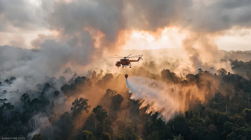 Heavy-lift helicopters conduct water-bombing operations over inaccessible hotspots in Borneo.