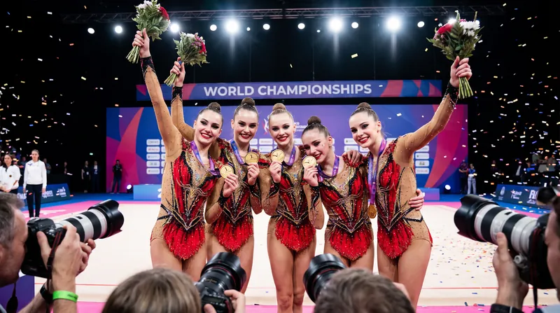 Brazil's group team, the 'Leoas', celebrate their historic gold medals in the apparatus finals.