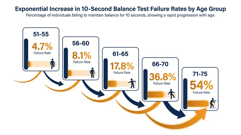 Failure rates for the 10-second balance test roughly double every five years after age 50.