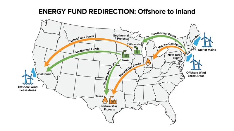 Capital from canceled ocean leases is being redirected to inland fossil fuel and geothermal projects.