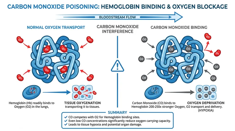 Carbon monoxide binds to hemoglobin with an affinity 200 times greater than oxygen, rapidly suffocating cells.