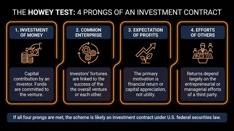The four criteria used to determine if a transaction is an investment contract.