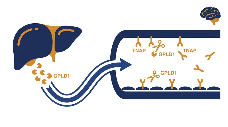 The GPLD1 enzyme travels from the liver to the brain's blood vessels, where it clears away inflammatory proteins.