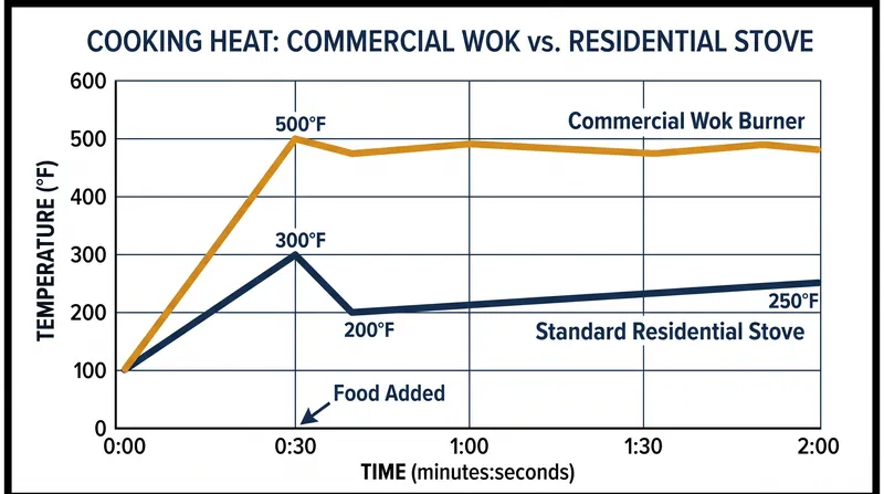 Why residential stoves struggle to maintain the thermal energy required for wok hei.