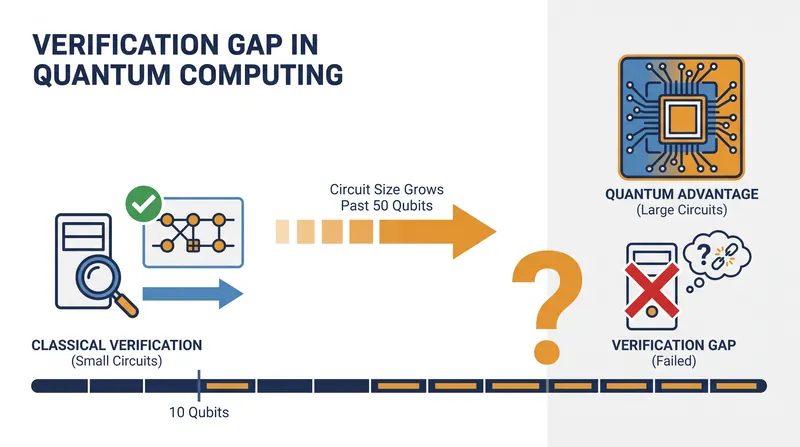 The verification gap occurs when a quantum circuit becomes too large for a classical supercomputer to simulate and check.