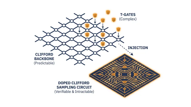 Doped Clifford sampling uses predictable gates as a verifiable backbone, injecting complex T-gates to push the calculation beyond classical reach.