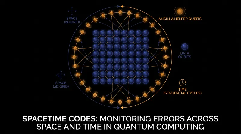 Spacetime codes use helper qubits to continuously monitor the main computation for faults without destroying the quantum state.