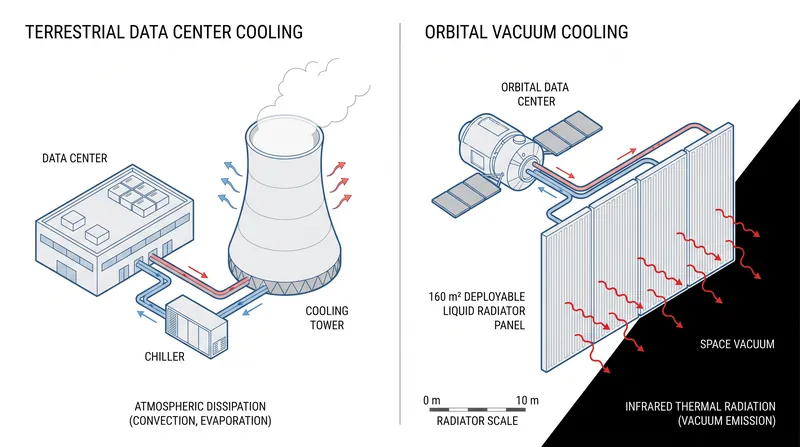 Because a vacuum cannot conduct heat, orbital data centers must rely entirely on massive radiators to expel thermal energy.