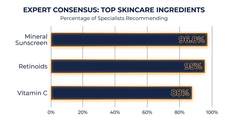 Mineral sunscreen and retinoids achieved near-unanimous backing from the 62 surveyed dermatologists.