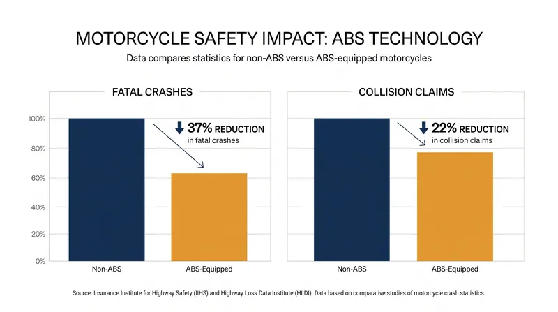 Data from the IIHS shows significant reductions in both fatal crashes and collision claims for ABS-equipped motorcycles.