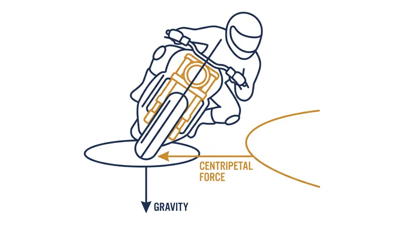 When a motorcycle leans, centripetal force consumes a significant portion of the tire's available grip.