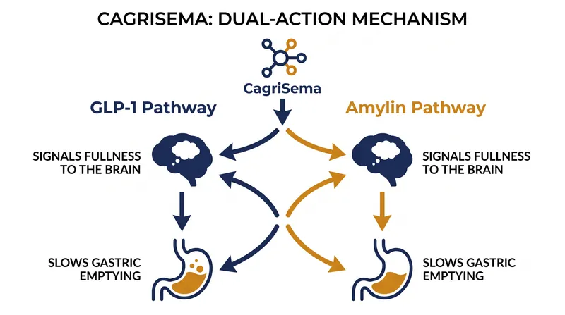 By targeting both GLP-1 and amylin receptors, CagriSema suppresses appetite through two distinct biological mechanisms.