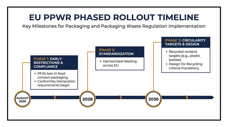 The PPWR is structured as a multi-year regulatory ramp, with obligations phasing in through 2030.
