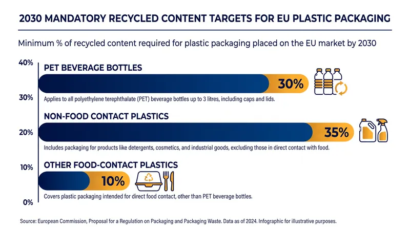 By 2030, all plastic packaging placed on the EU market must meet specific post-consumer recycled content thresholds.