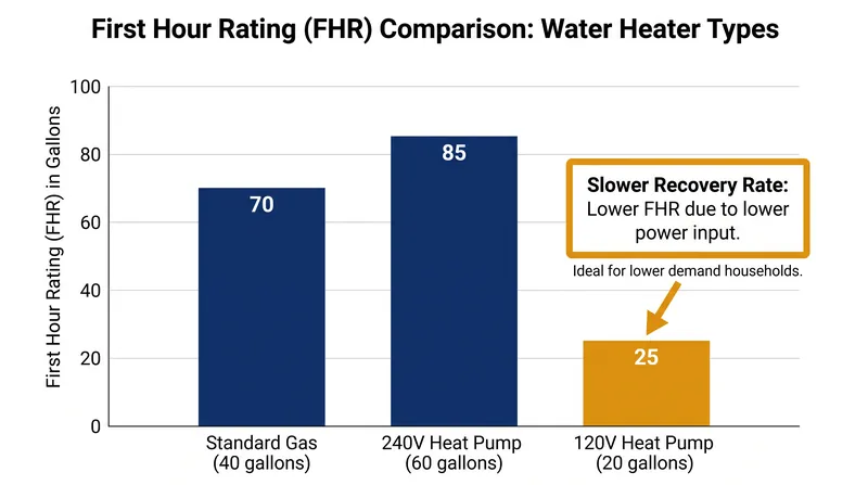 Because they lack high-wattage backup elements, 120V models have a slower recovery rate, making tank sizing critical.