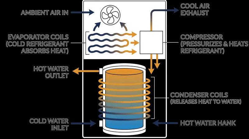Heat pump water heaters operate like a refrigerator in reverse, moving ambient heat into the water tank rather than generating it from scratch.