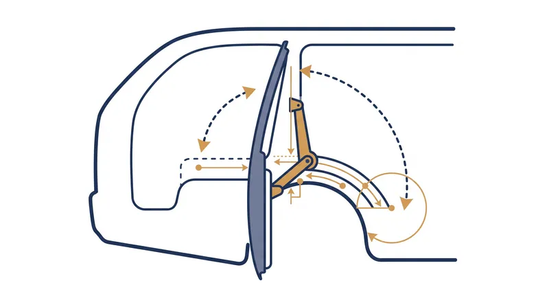 The Neolun Arch Gate utilizes a dual-motion hinge that slides outward before rotating, preventing the doors from colliding.