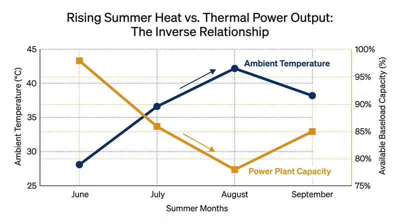 As heatwaves push river temperatures higher, available thermal generation capacity drops across the grid.