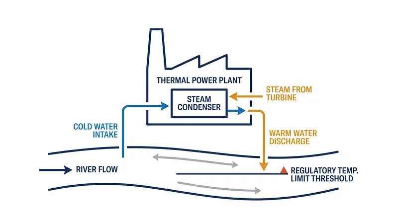 Thermal power plants must throttle output when river temperatures approach regulatory limits to prevent ecological damage.