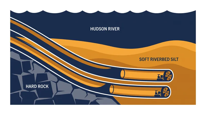 The boring machines must navigate a complex transition from solid diabase rock into soft riverbed silt.