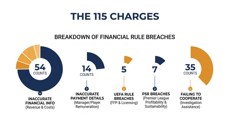 The 115 charges span a nine-year period and cover multiple facets of financial reporting and regulatory cooperation.