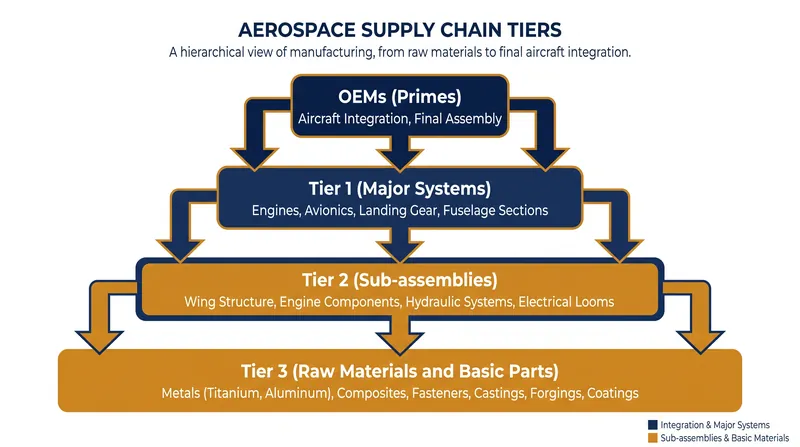 The aerospace manufacturing ecosystem relies heavily on lower-tier suppliers to absorb upfront material costs.