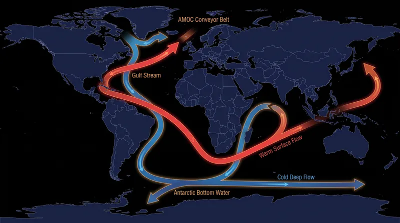 The AMOC functions as a massive oceanic conveyor belt driven by differences in water temperature and salinity.