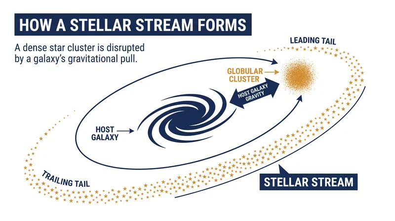 Stellar streams form when a host galaxy's gravity pulls stars away from an orbiting globular cluster.