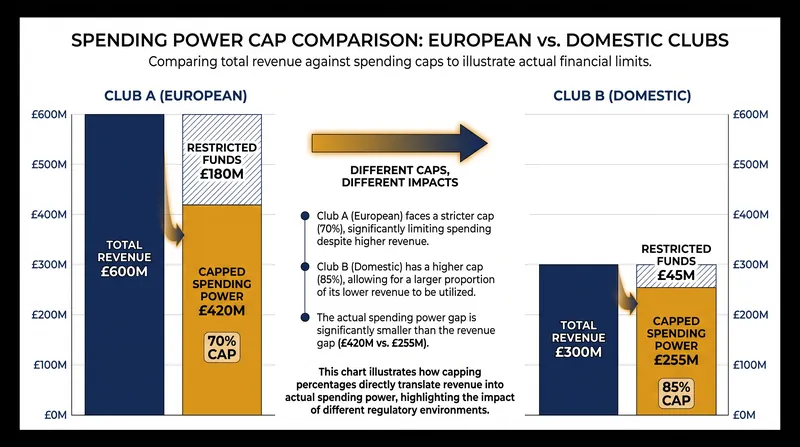 The spending gap: How the 70% UEFA limit and 85% domestic limit apply to different revenue bases.