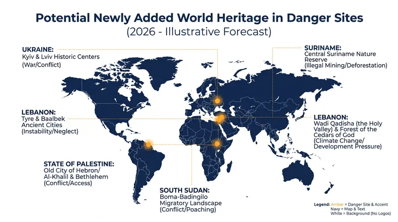 The six sites added to the List of World Heritage in Danger during the 2026 Busan session.