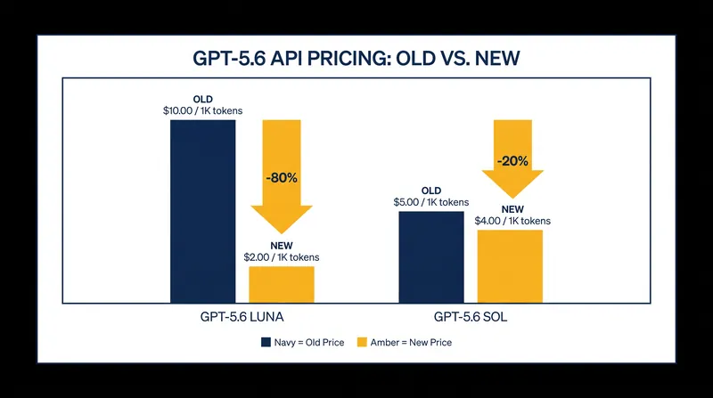 The GPT-5.6 family saw significant API price reductions across all tiers in July and August 2026.