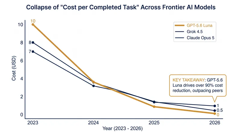 When measured by the cost to complete a complex task, GPT-5.6 Luna significantly undercuts rival models.