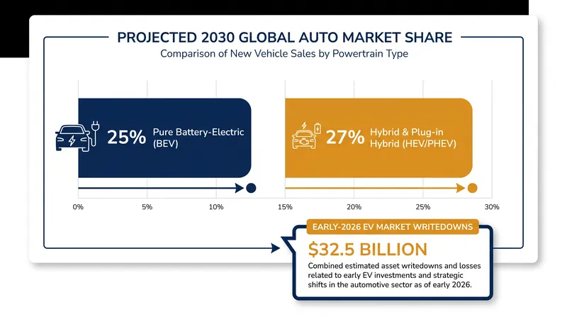 By 2030, hybrid and plug-in hybrid vehicles are projected to capture a larger share of the global market than pure battery-electric models.