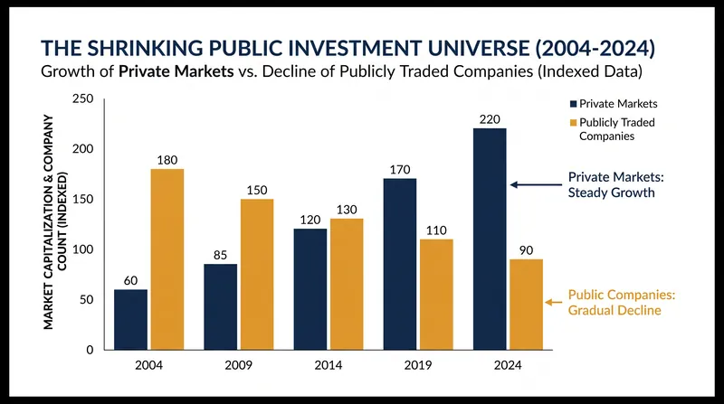 The number of publicly traded companies has shrunk, pushing more economic value creation into the private sector.