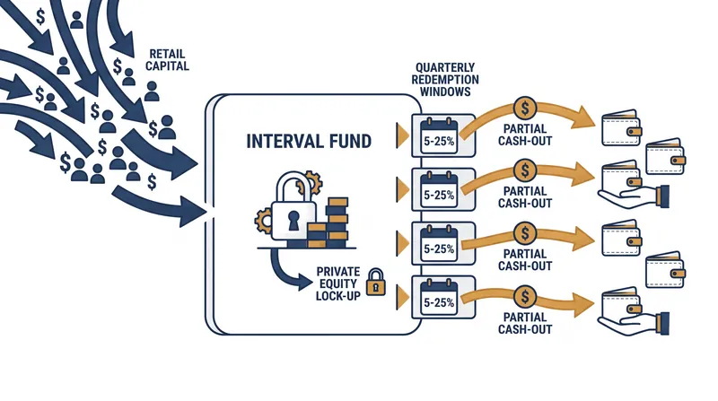 Interval funds manage illiquid private assets by restricting investor redemptions to scheduled periodic windows.