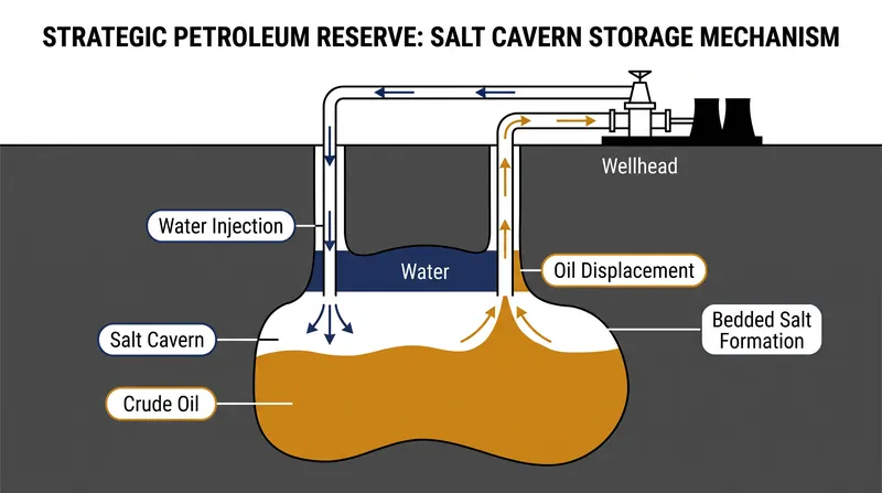 The SPR utilizes water displacement to extract crude oil from underground salt caverns.