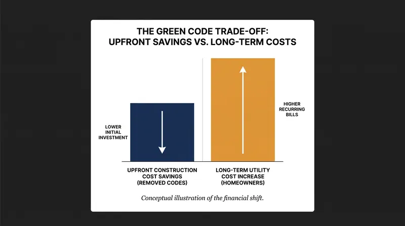 Removing green building mandates lowers the upfront purchase price but can increase long-term utility costs.
