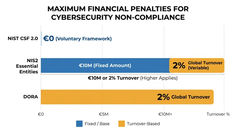 Unlike voluntary frameworks, EU directives carry massive financial penalties tied directly to global turnover.