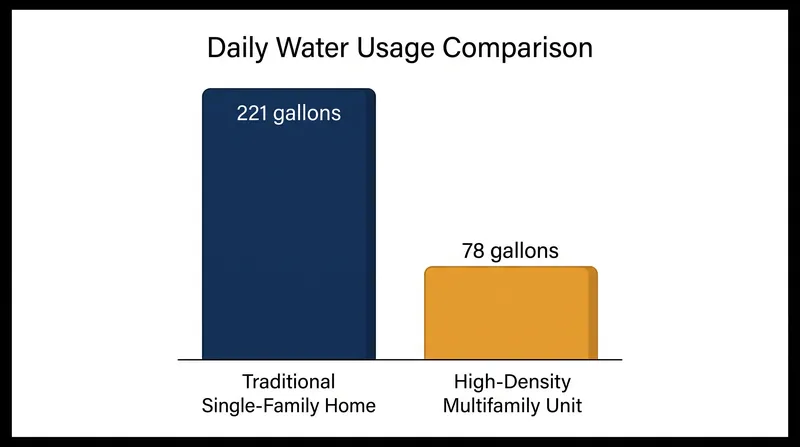 Multifamily units consume roughly 65% less water than traditional single-family homes.