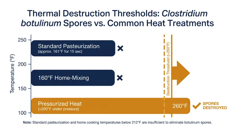 Standard home preparation temperatures do not destroy botulism spores.
