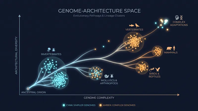 Evolutionary genome topology maps how animal lineages distribute themselves across distinct regions of genomic architecture.