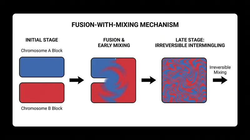 When chromosomes fuse, their genes irreversibly intermingle over time, locking the lineage into a new evolutionary trajectory.