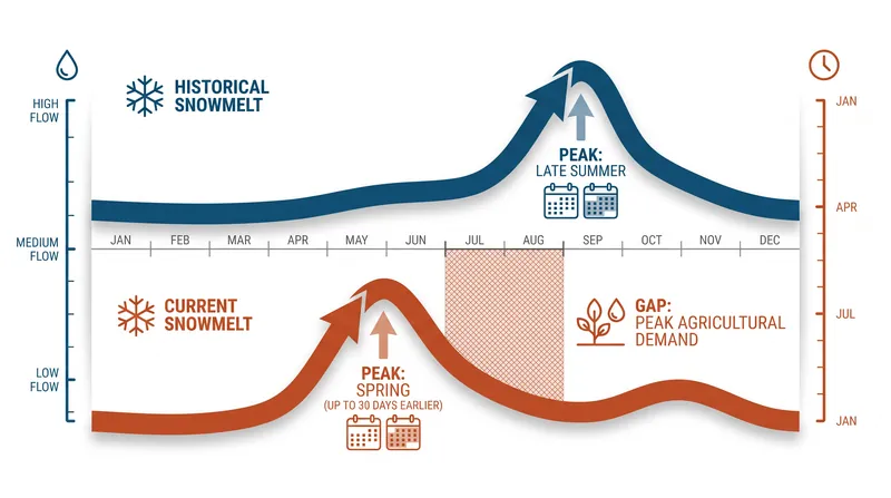 Warming temperatures are shifting peak streamflows weeks earlier, creating a widening gap between water supply and agricultural demand.