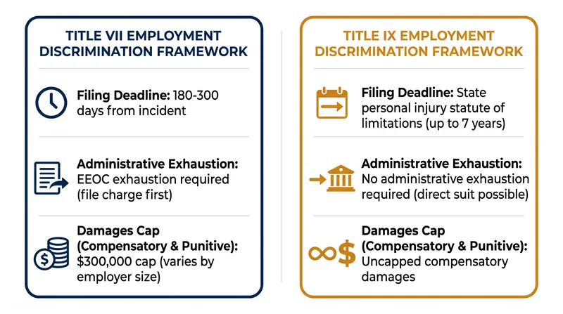 Key differences between Title VII and Title IX employment discrimination frameworks.