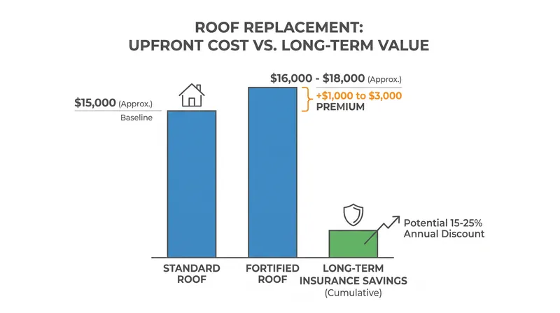 While a FORTIFIED roof costs more upfront, mandated insurance discounts and proposed state grants aim to offset the difference.