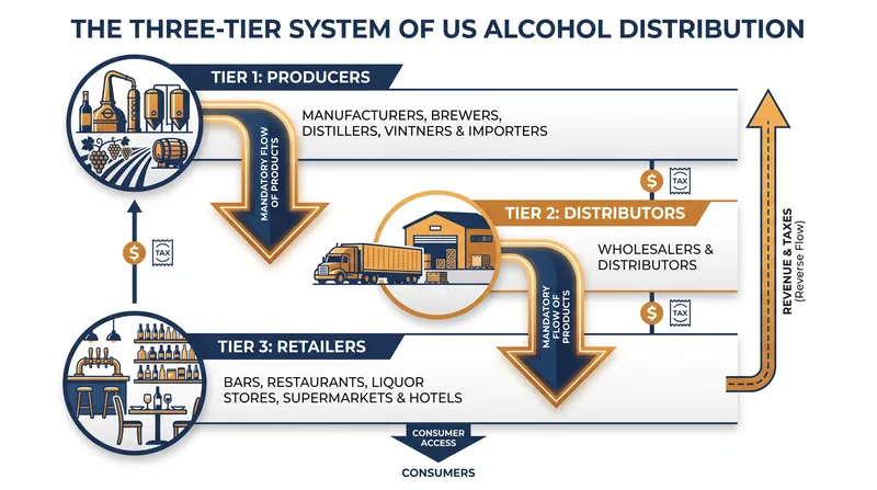 Since the end of Prohibition, federal law has mandated that alcohol flow through three distinct, legally separated tiers.